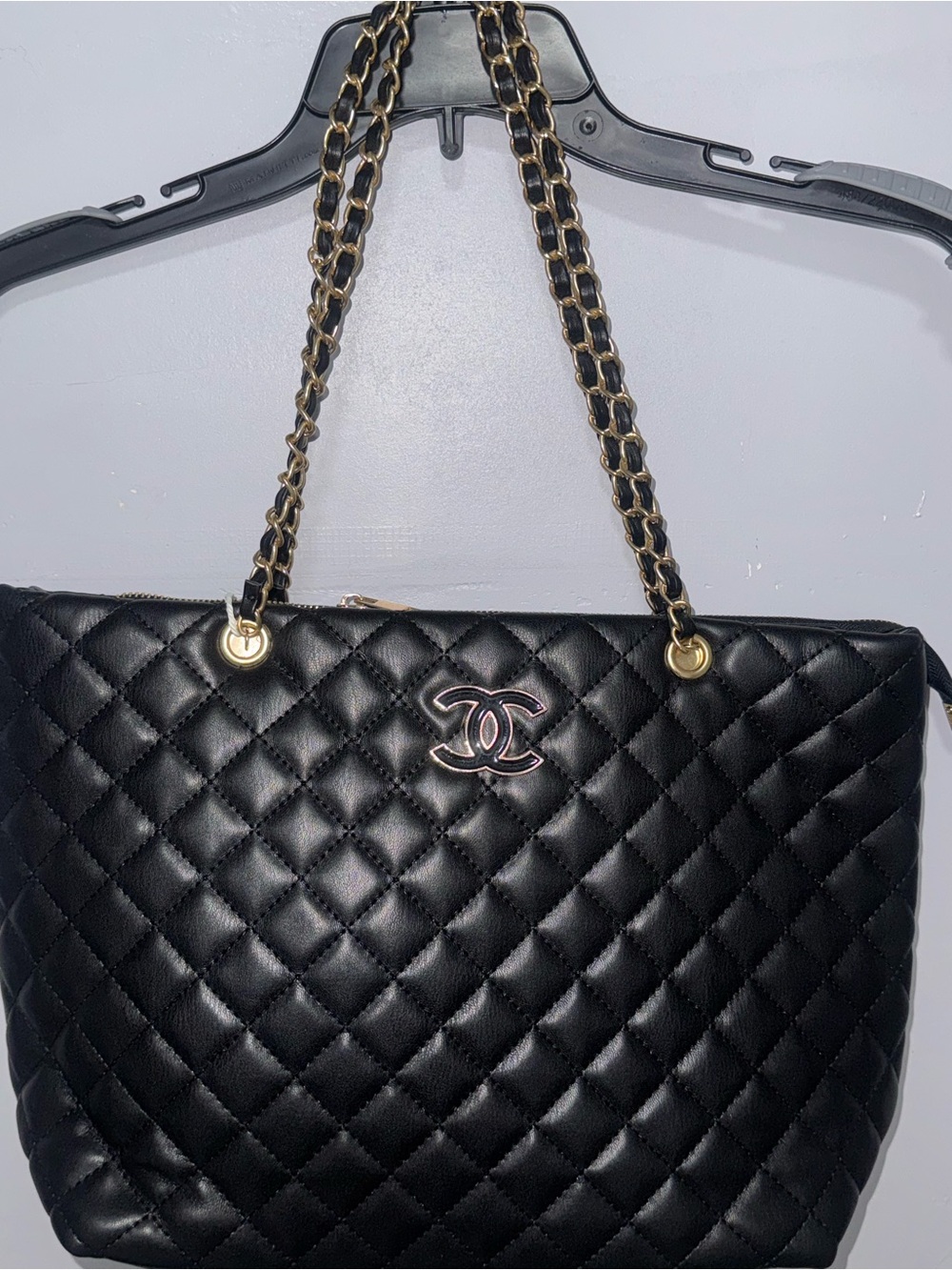 Black Quilted Chain-Handle Tote with Logo Accent